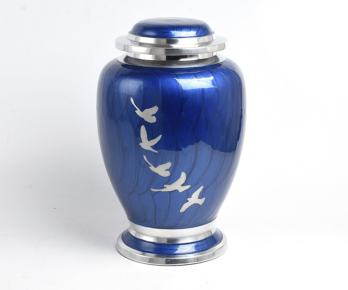 Blue and Silver Flying Birds Design Cremation Urn Dove Shape