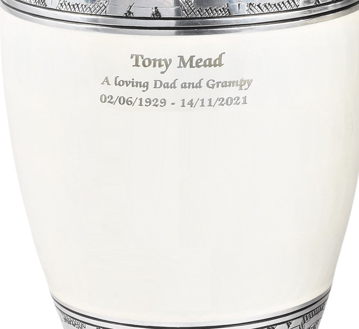 White and Silver Cremation Urn – Testi Shape with Various Engraving Designs