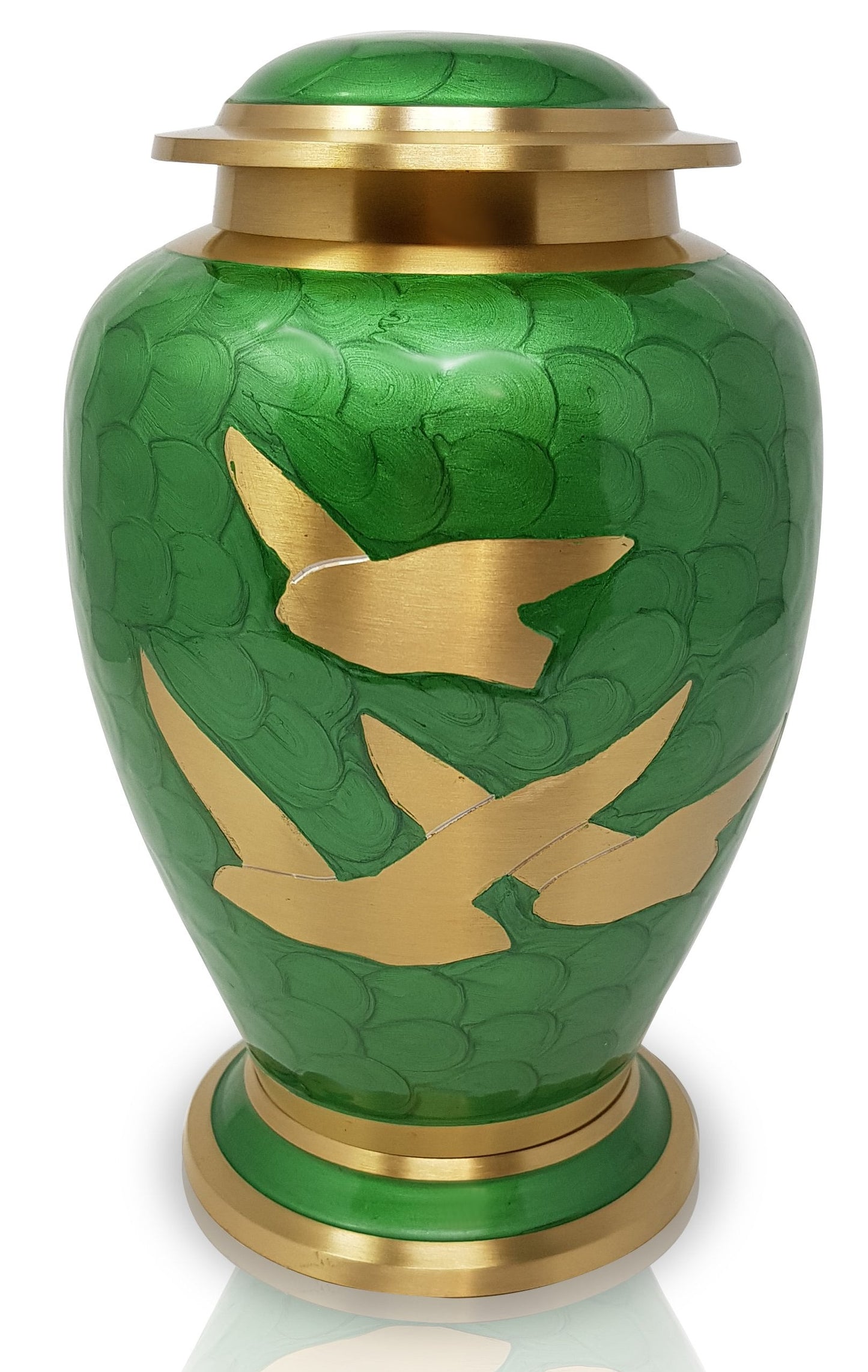 green urn, flying birds urn, adult urn, metal urn, cremation urn for ashes , urn for ashes , container for ashes, ashes storage jar, human ashes container, large urn , british urn, adult ashes urn, cremation urn for human ashes, funeral memorial burial remembrance URN, affordable price urn, metal urn, white urn, free delivery urn, quick delivery urn flying birds design urn, hand made urn,