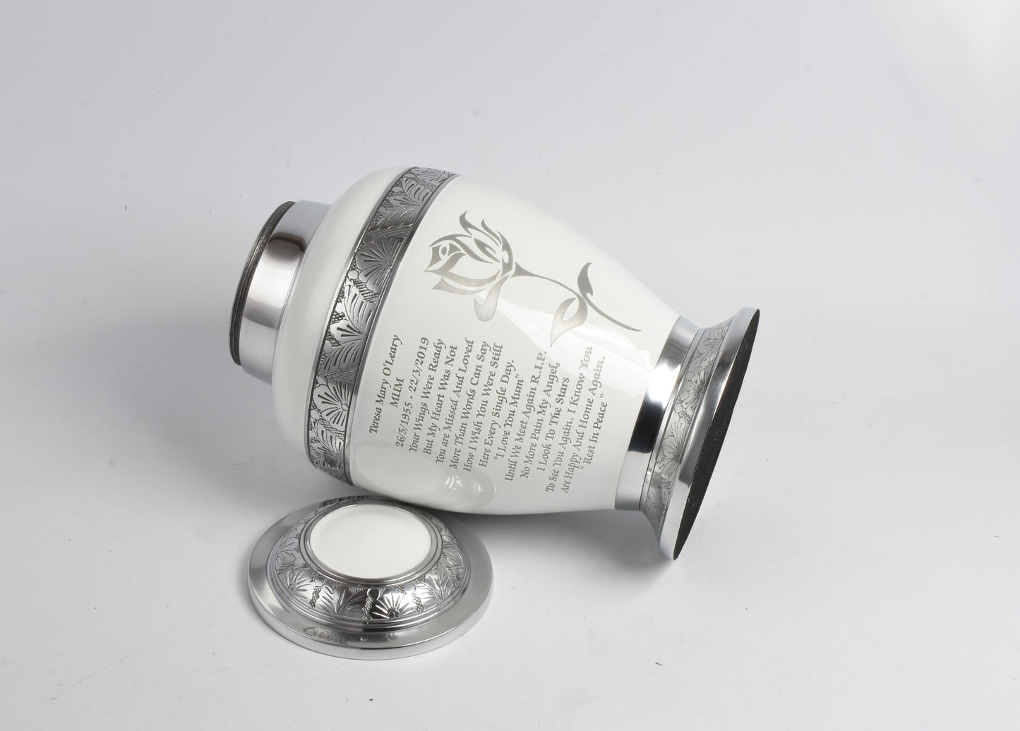 White and Silver Rose Design Urn