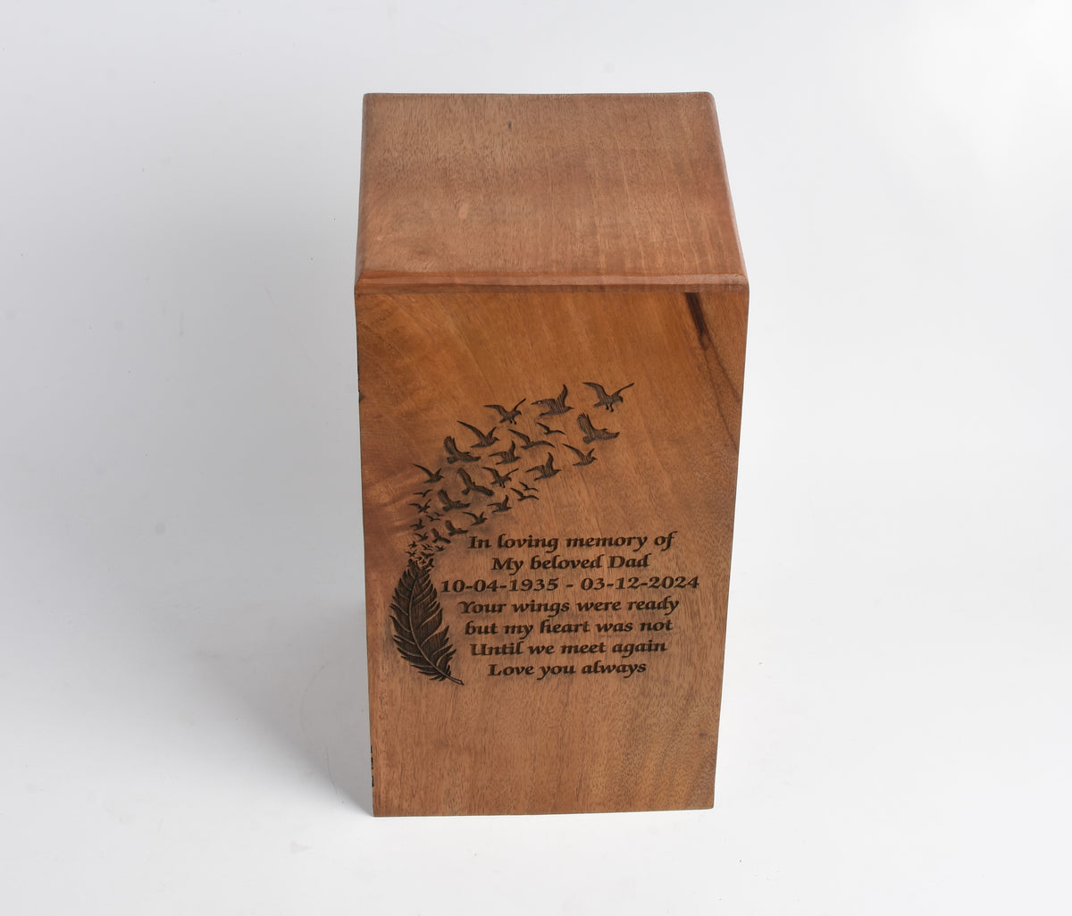 Wood Casket for Adult Ashes Feather Design