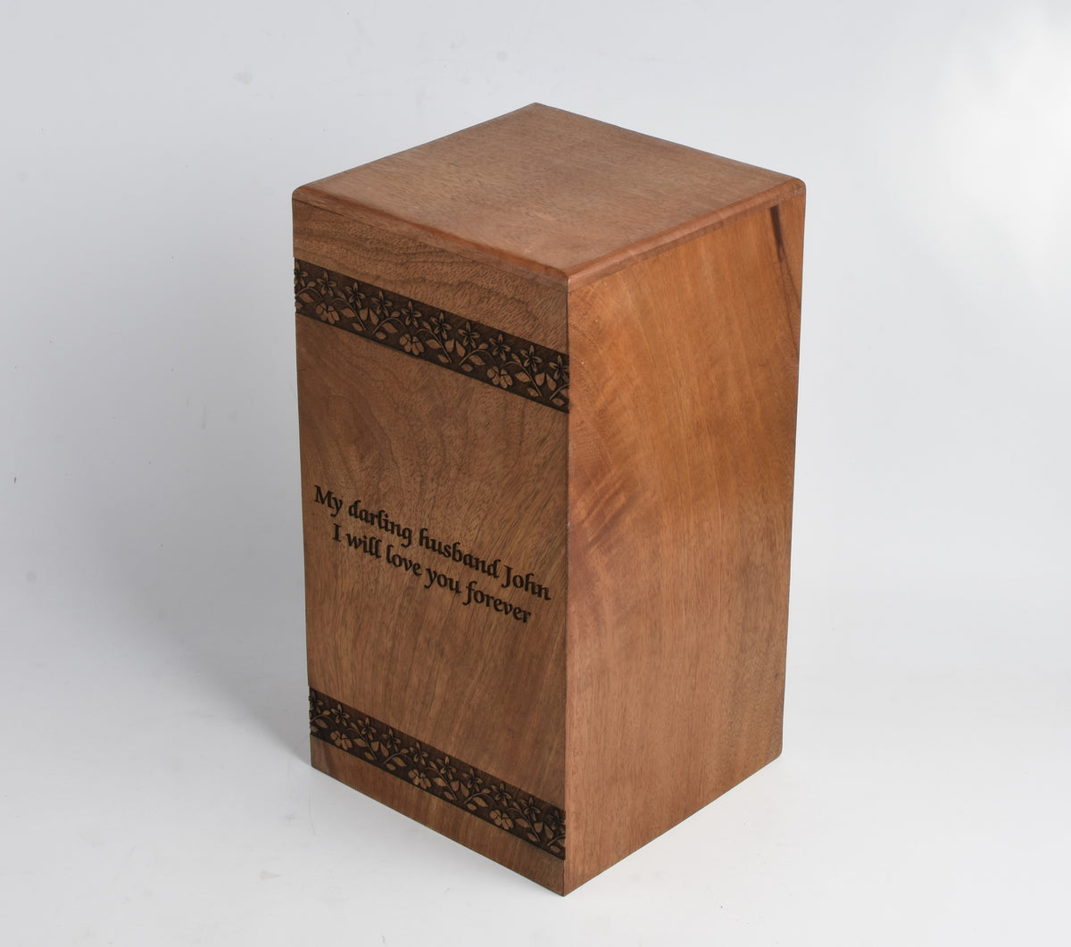 Solid Wood Cremation Casket Urn – Floral Border Engraving Design
