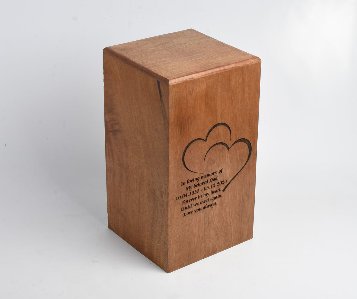 Wood Casket for Adult Ashes Twin Hearts Design