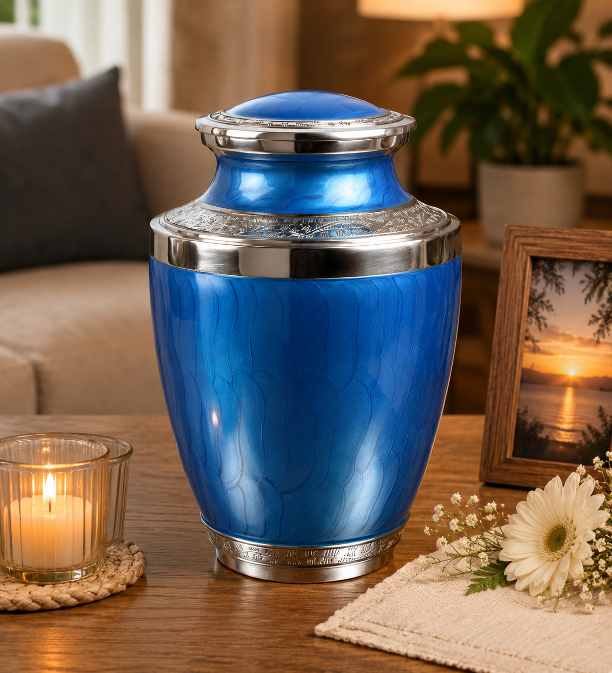 Blue and Silver Aluminium Cremation Testi Urn