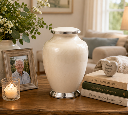 Pearl White with Silver Aria Adult Cremation Urn