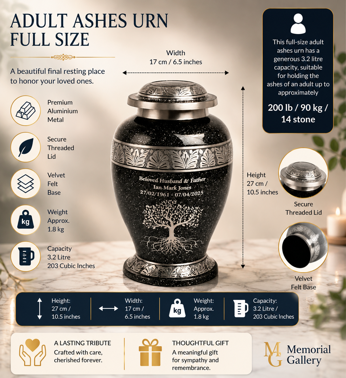 Grey-Black Cremation Urn – Hand Crafted Aluminium Adult Memorial Urn
