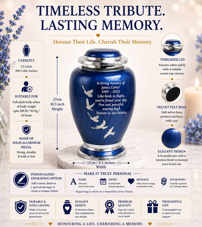 Blue and Silver Flying Birds Design Cremation Urn Dove Shape