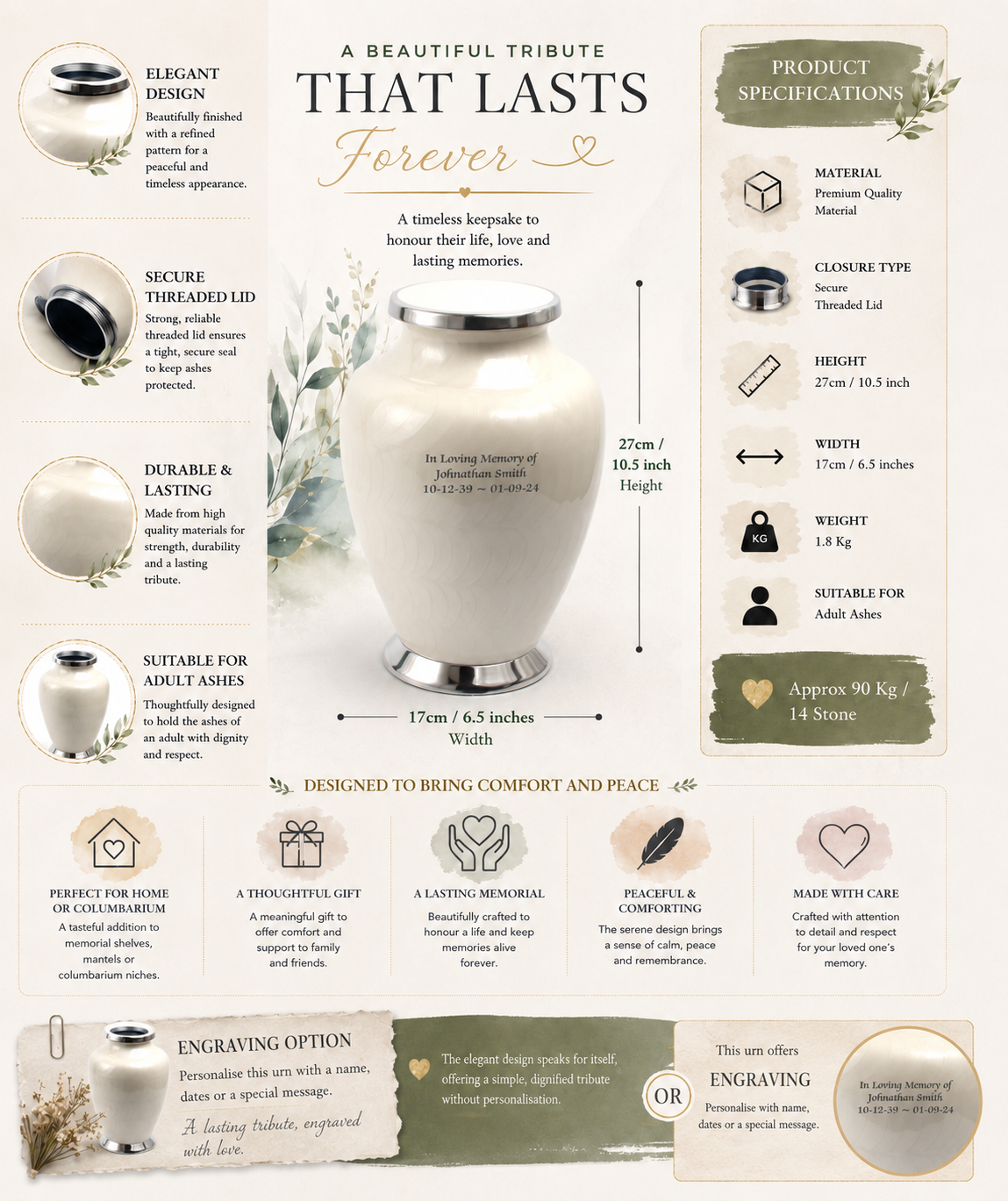 Pearl White with Silver Aria Adult Cremation Urn
