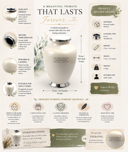 Pearl White with Silver Aria Adult Cremation Urn