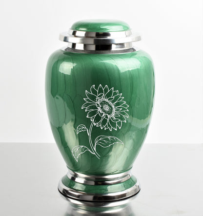 Green With Silver Flower Cremation Urn Fully Personalised