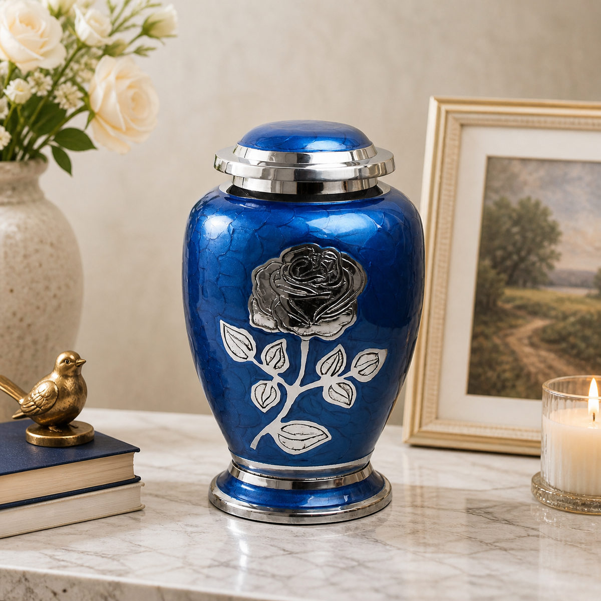 Blue Rose Flower Cremation Urn Dove Design