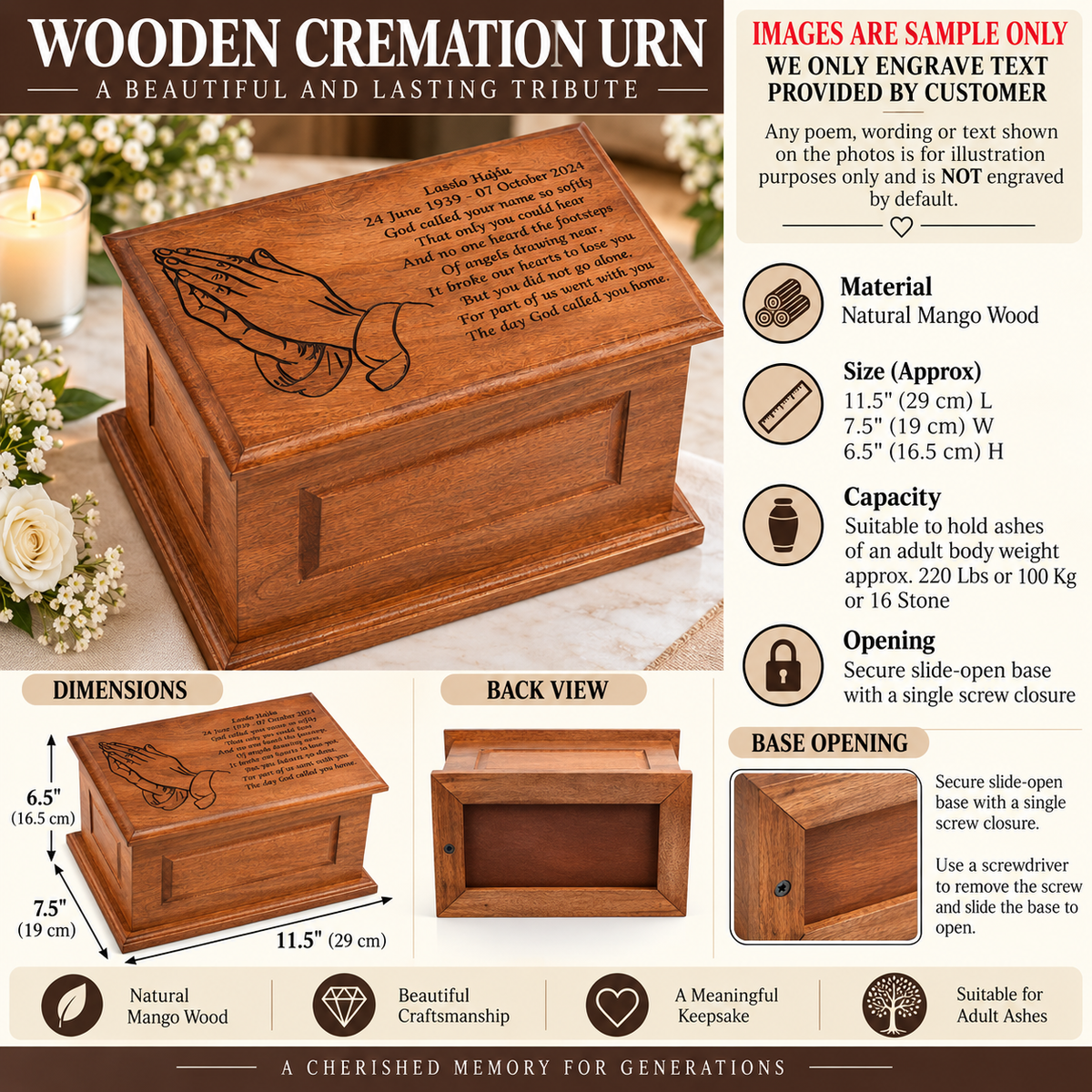 Large Solid Wood Casket Praying Hands