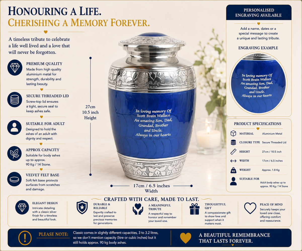Classic Blue Aluminium Adult Cremation Urn