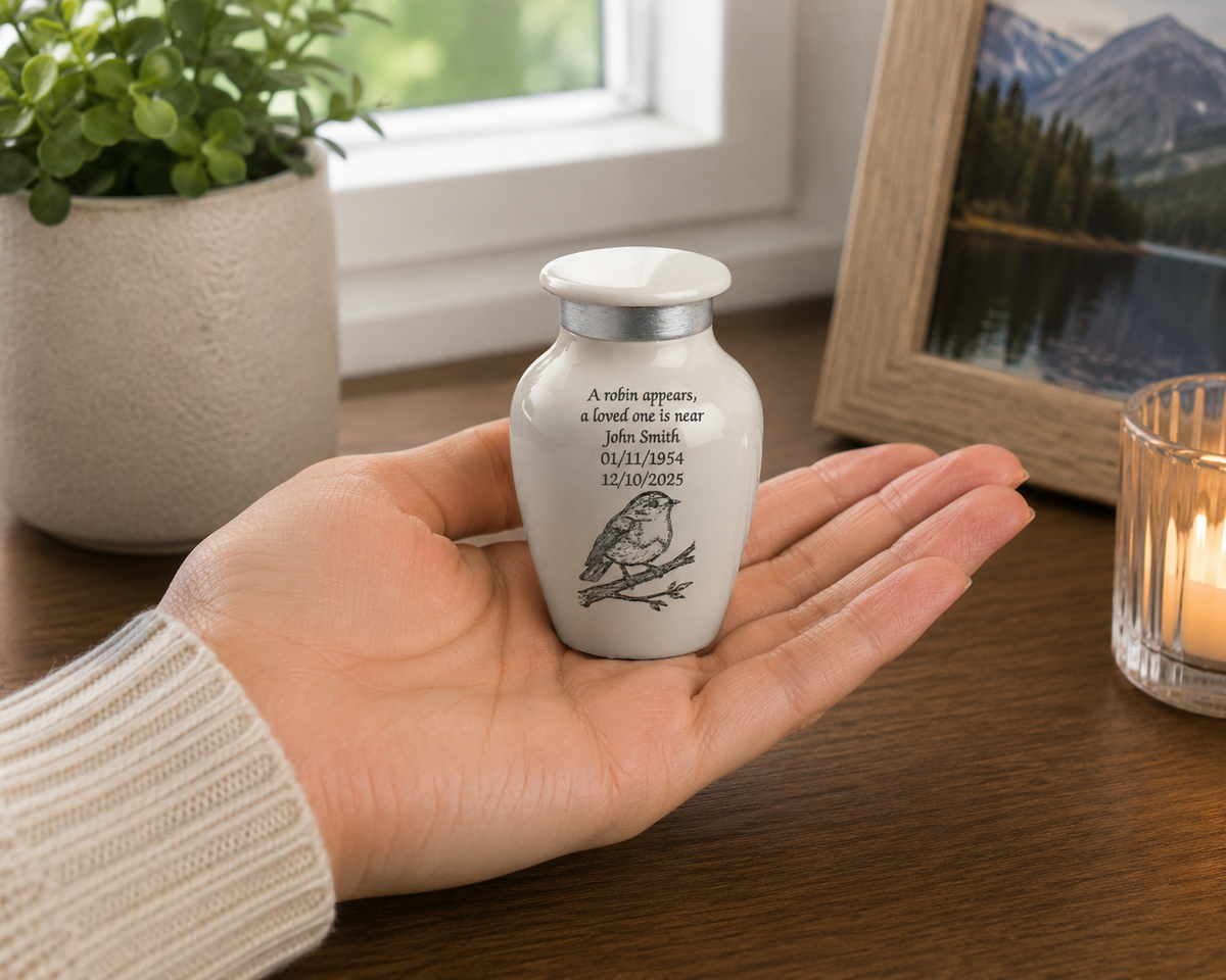 Mini White Robin Keepsake Cremation Urn