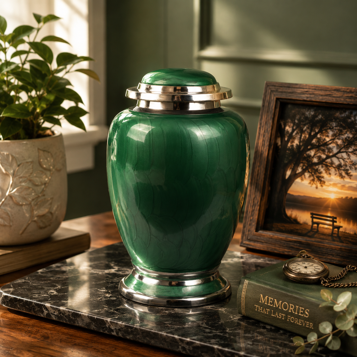 green and Silver Dove Shape Urn