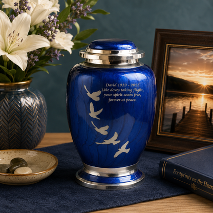 Blue and Silver Flying Birds Design Cremation Urn Dove Shape