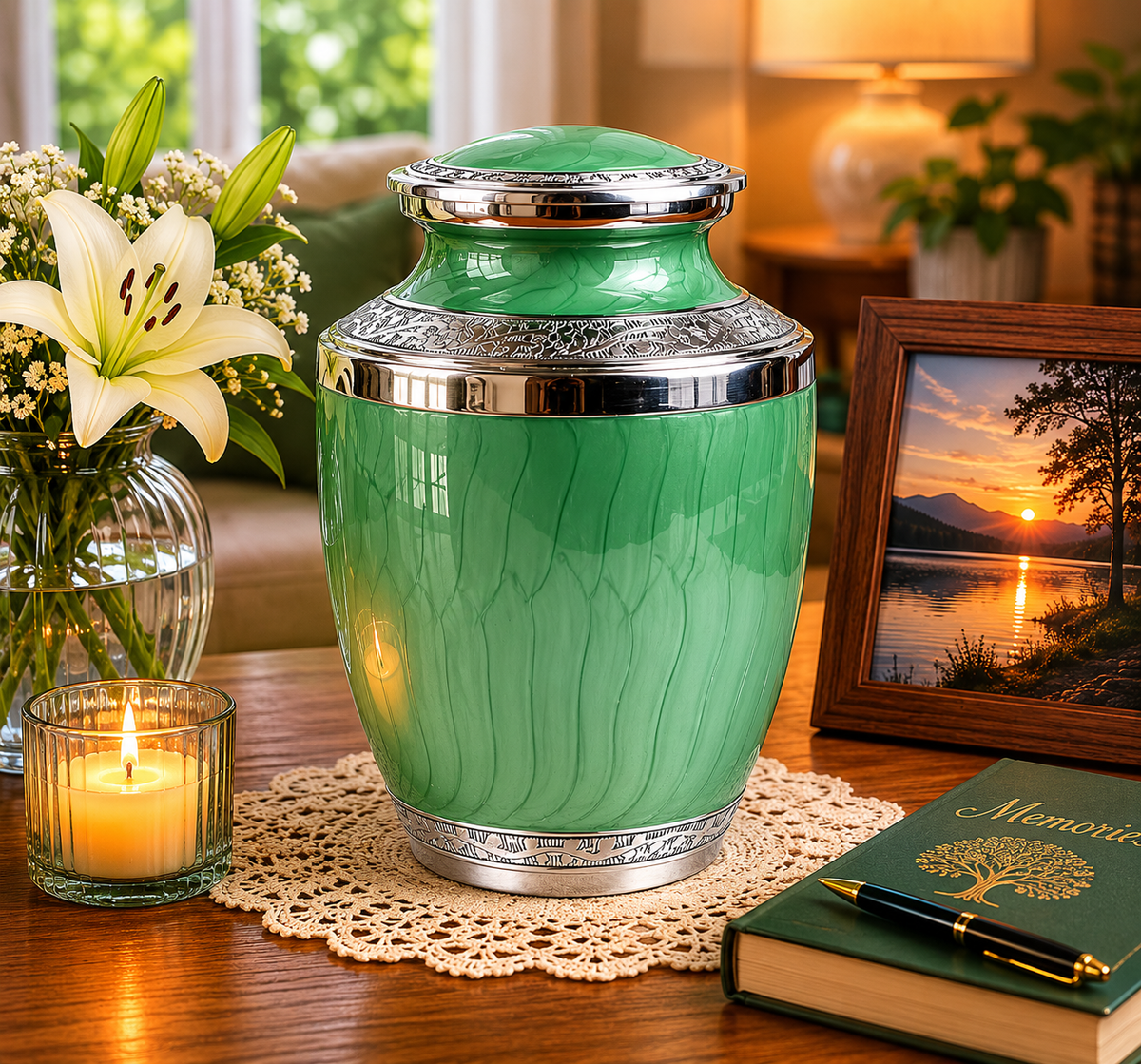 Green and Silver Aluminium Cremation Testi Urn