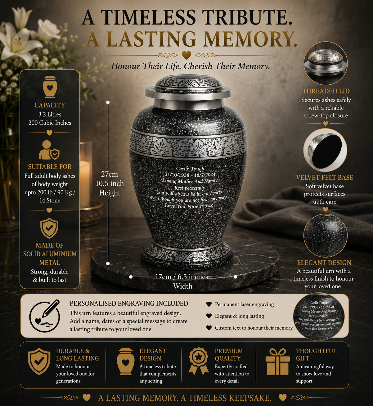 Grey-Black Cremation Urn – Hand Crafted Aluminium Adult Memorial Urn