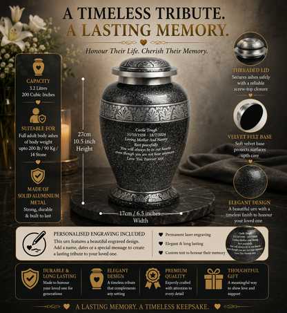 Grey-Black Cremation Urn – Hand Crafted Aluminium Adult Memorial Urn