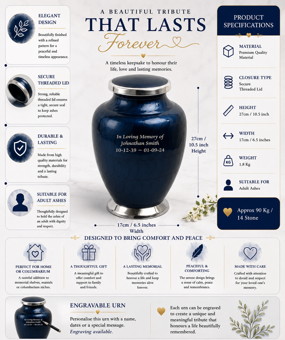 Blue with Silver Aria Adult Cremation Urn