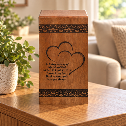 Wood Cremation Casket Urn – Double Heart & Floral Engraving