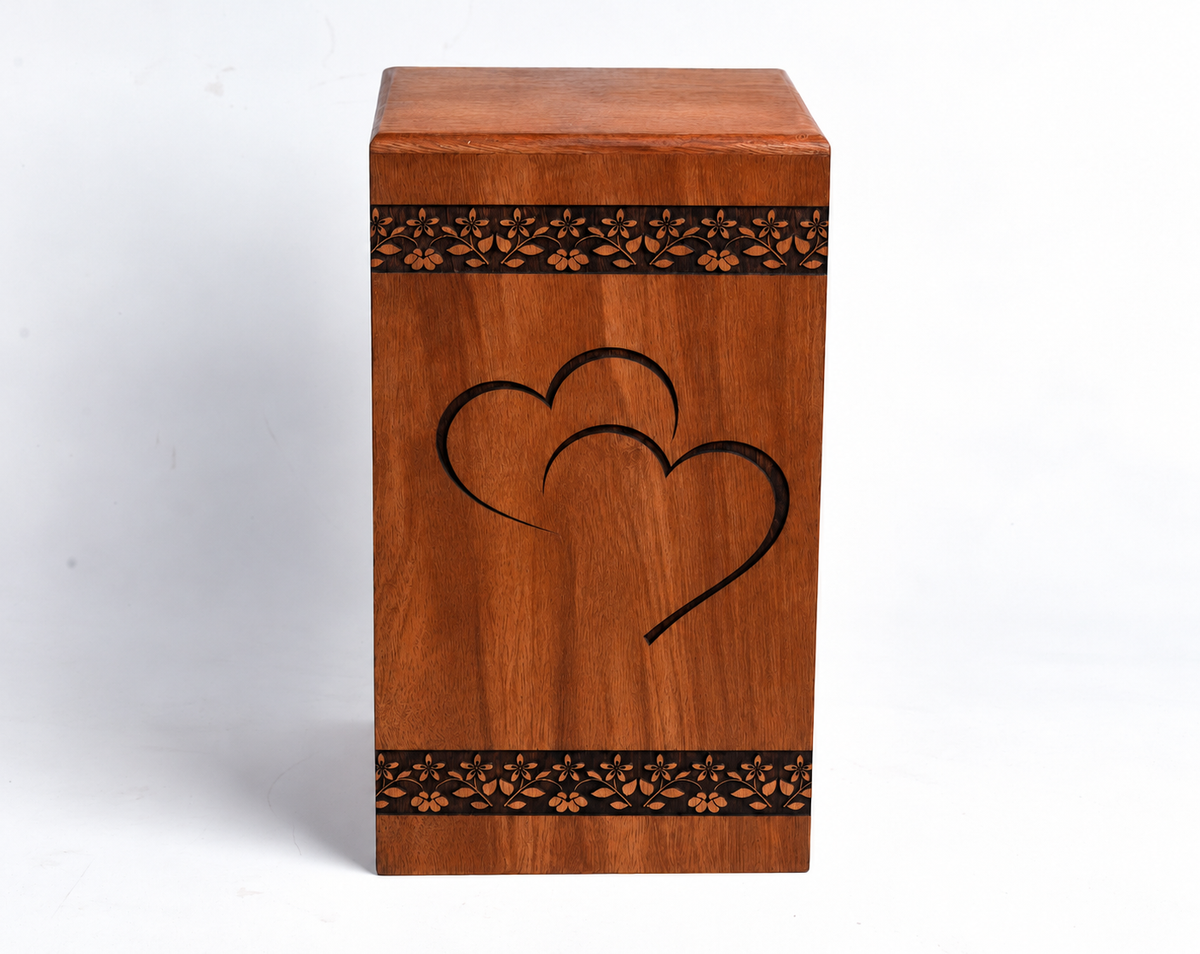 Wood Cremation Casket Urn – Double Heart & Floral Engraving