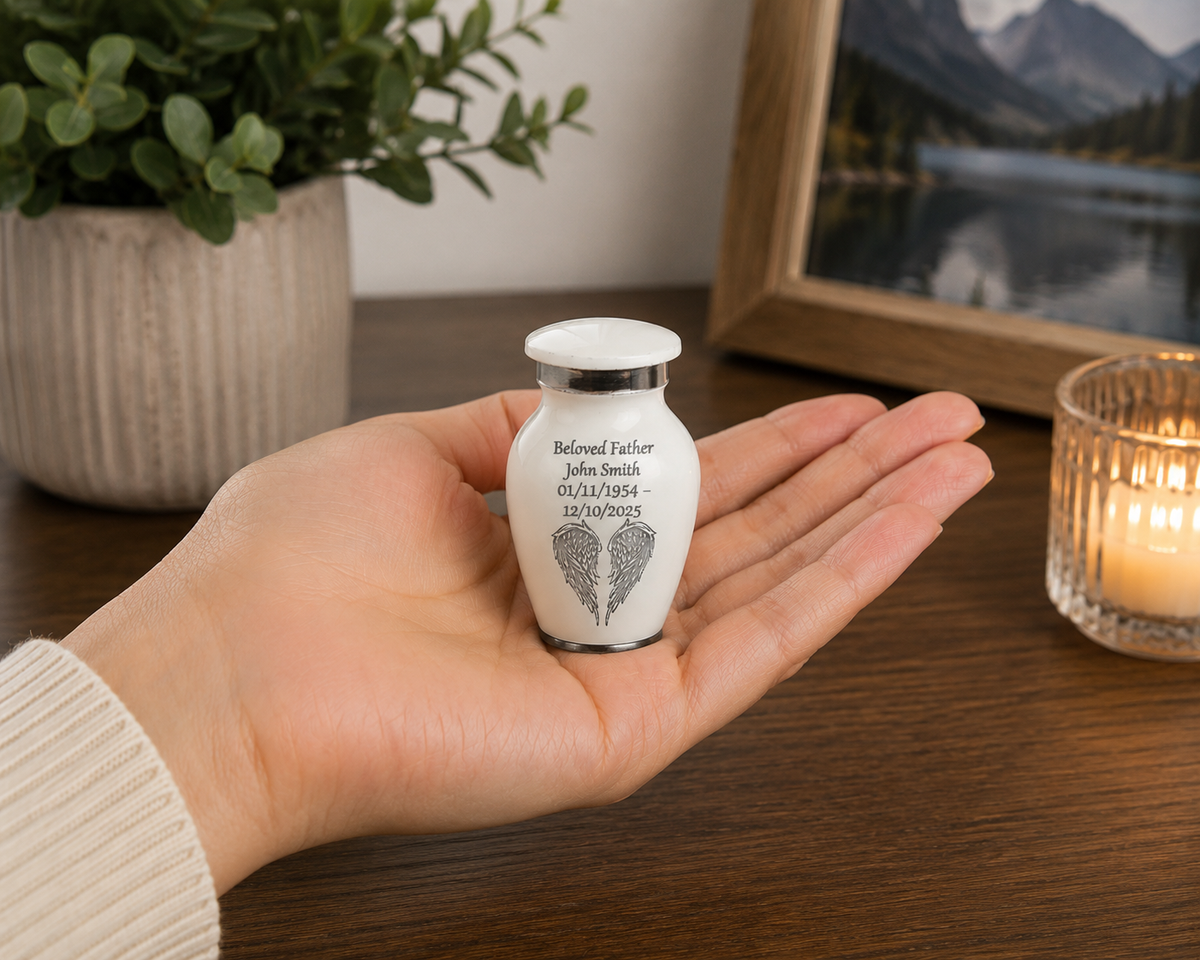 Solid White Angel Wings Keepsake Cremation Urn