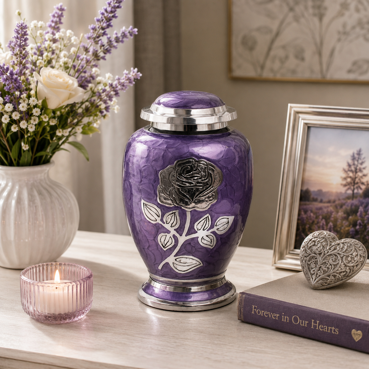 Purple Rose Flower Cremation Urn Dove Design