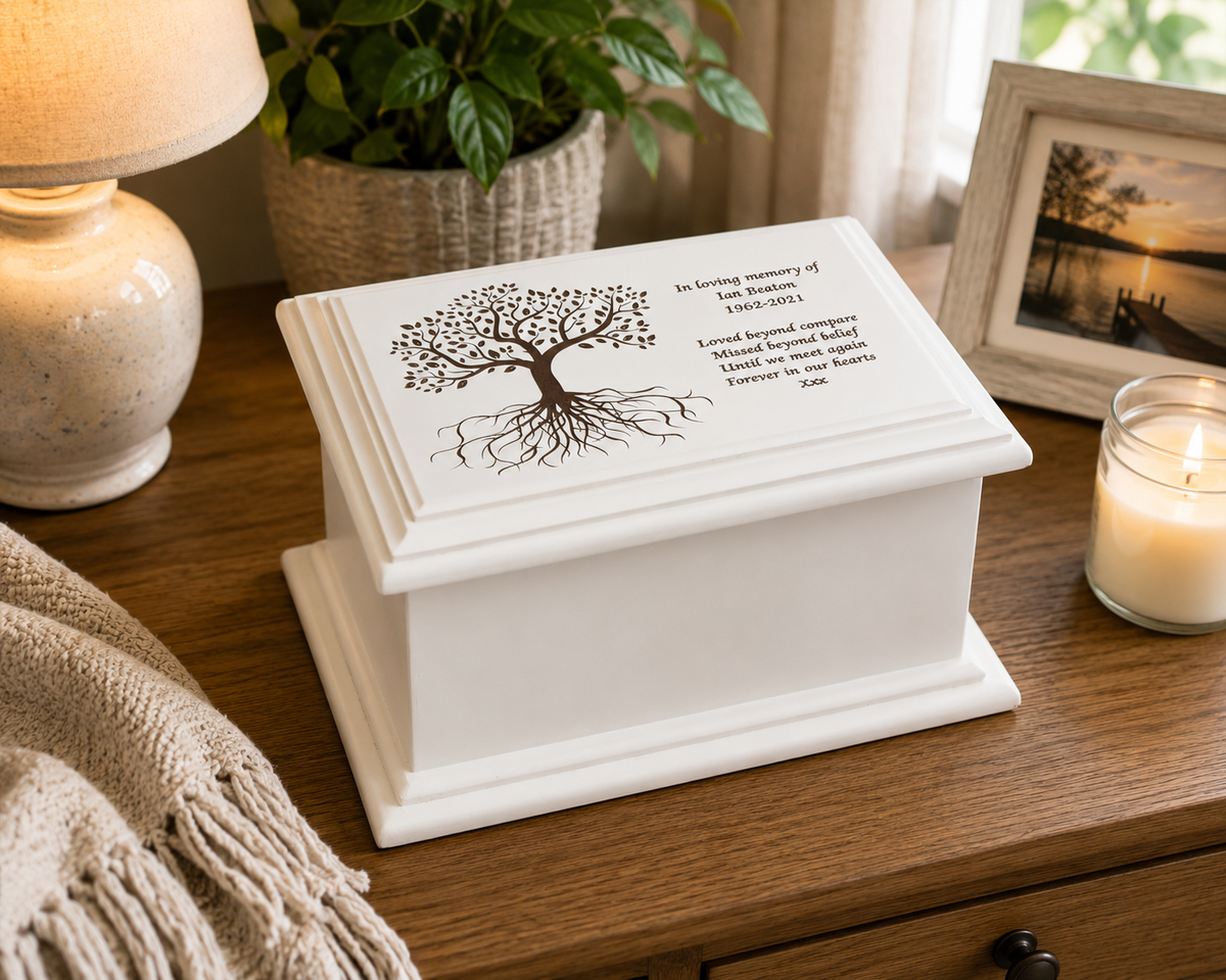 White MDF Wood Cremation Ashes Casket Tree of Life Urn 2 Sizes: Small & Medium