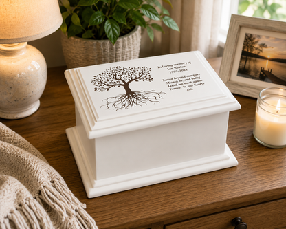 White MDF Wood Cremation Ashes Casket Tree of Life Urn 2 Sizes: Small & Medium
