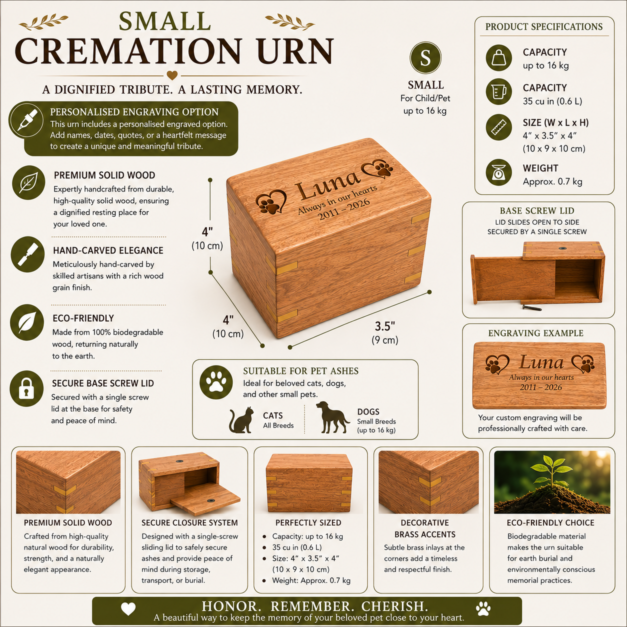Personalised Wooden Pet Cremation Urn –Sizes M &  S