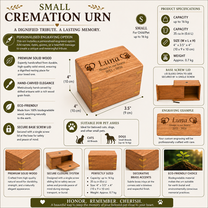 Personalised Wooden Pet Cremation Urn –Sizes M &  S