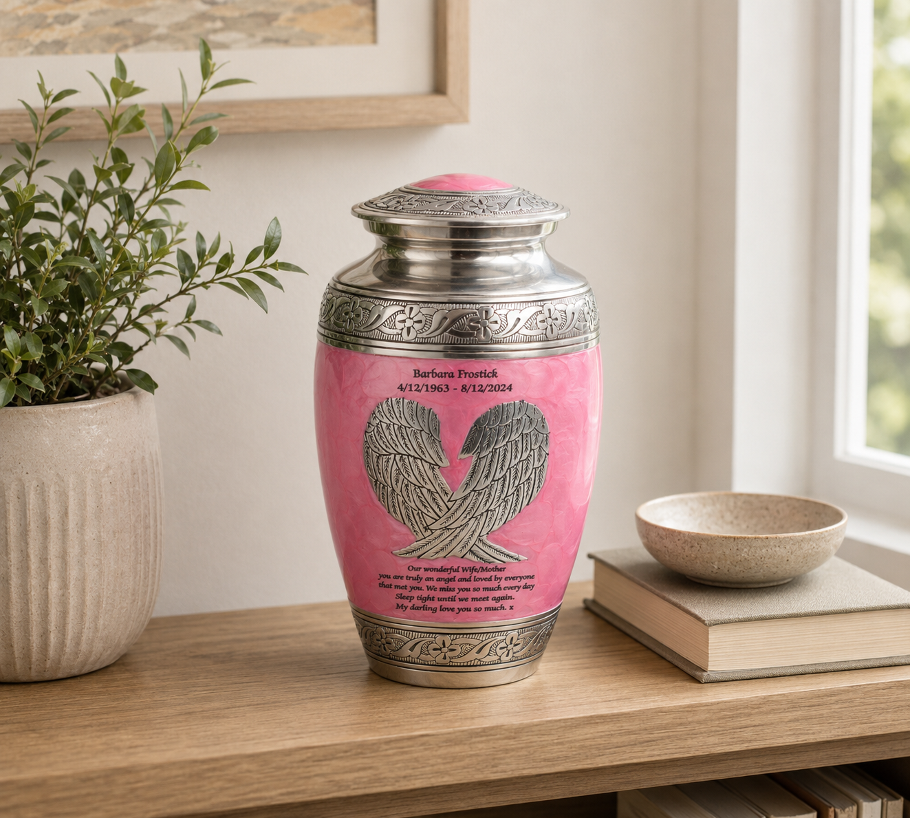 Angel Wings Pink And Silver Cremation Urn