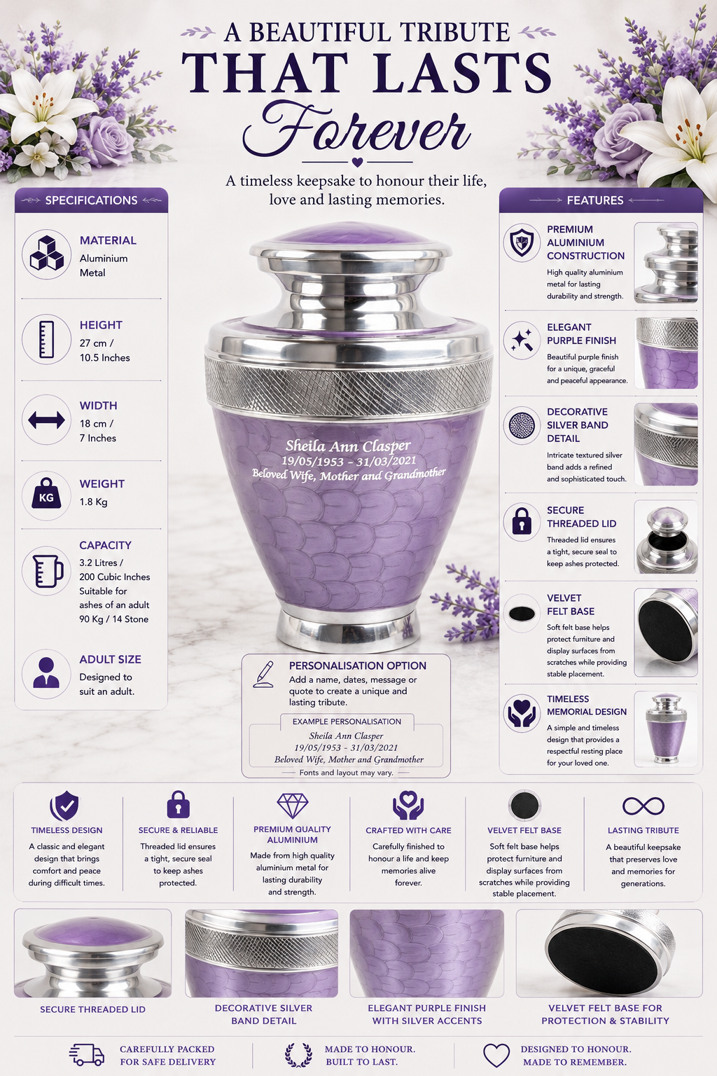 Purple Milano Aluminium Cremation Urn