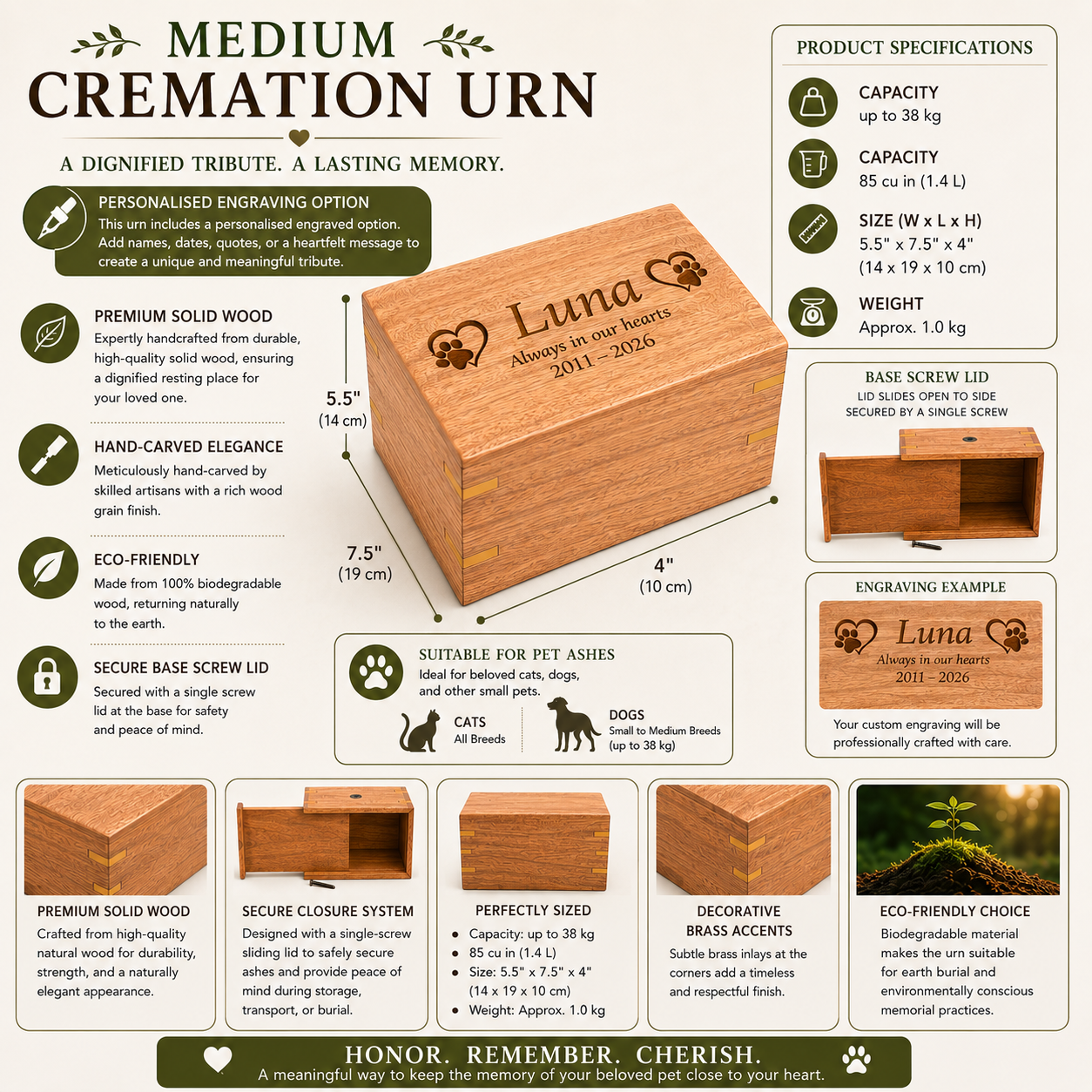 Personalised Wooden Pet Cremation Urn –Sizes M &  S