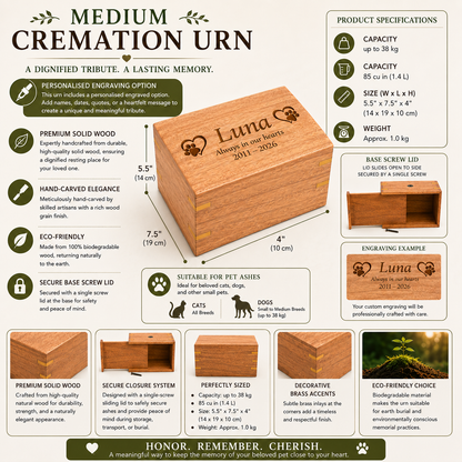 Personalised Wooden Pet Cremation Urn –Sizes M &  S