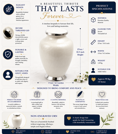 Pearl White with Silver Aria Adult Cremation Urn
