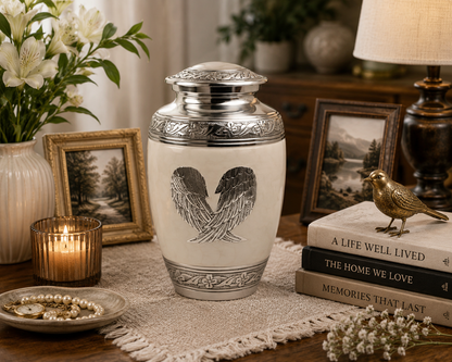 White And Silver Angel Wings Adult Cremation Urn