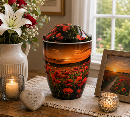 Iron Metal Cremation Urn Poppy Sunset With Free Ashes Bag