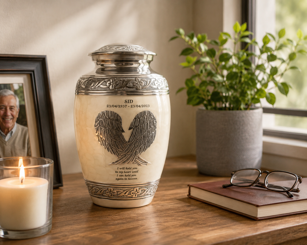 White And Silver Angel Wings Adult Cremation Urn