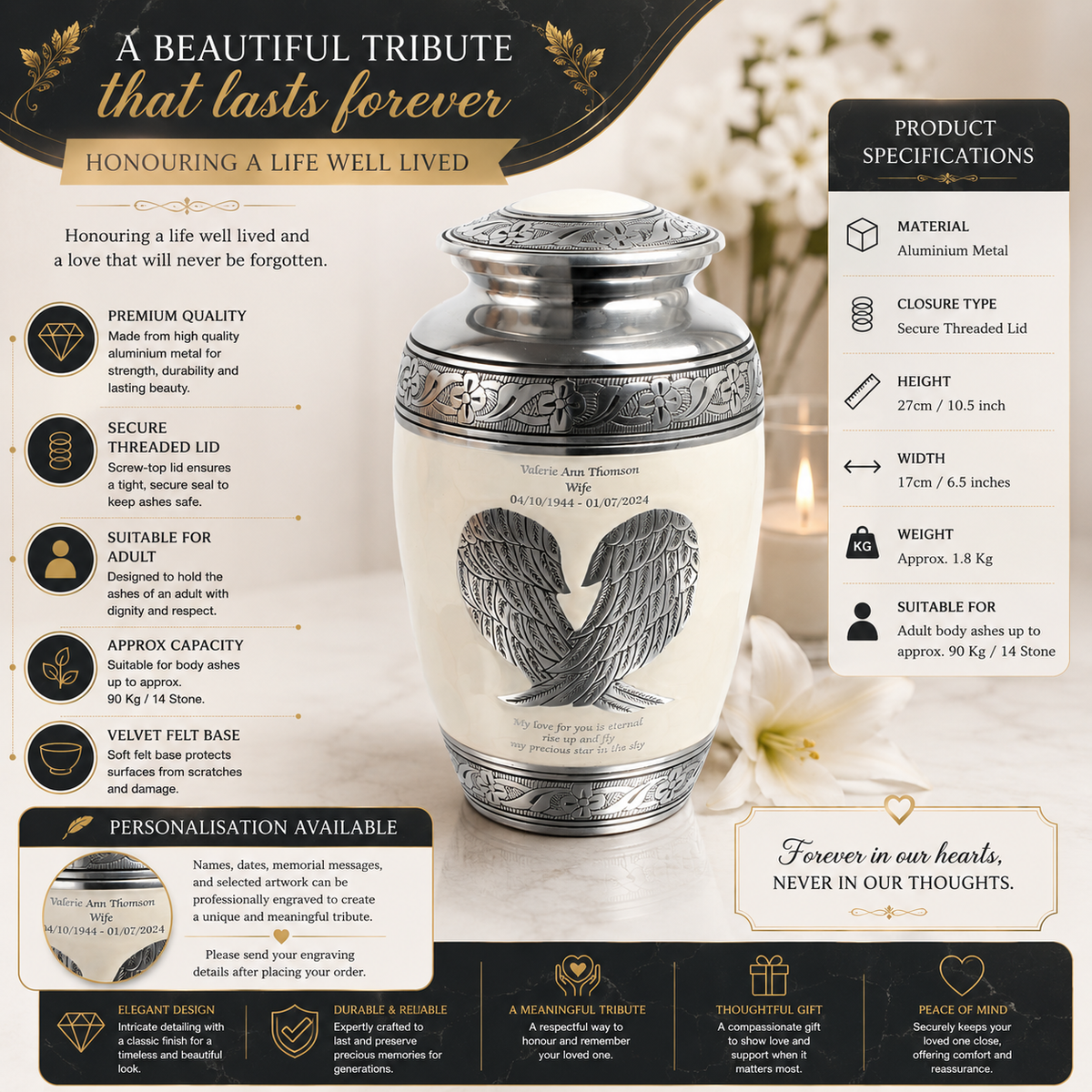 White And Silver Angel Wings Adult Cremation Urn