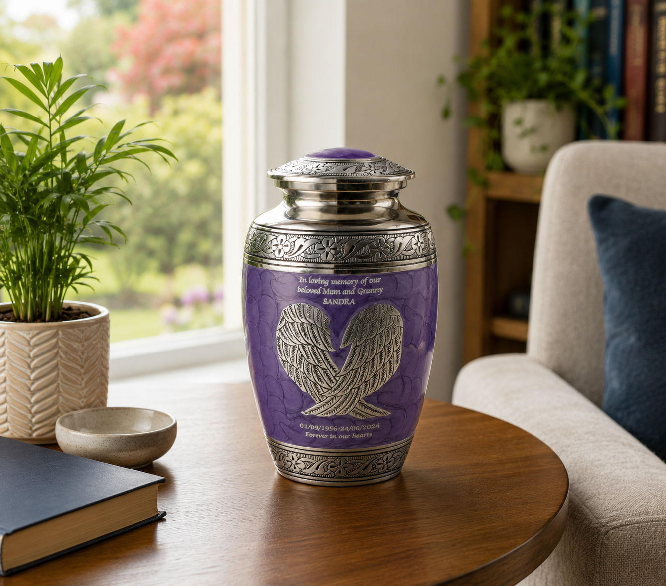 Purple and Silver Angel Wings Cremation Urn