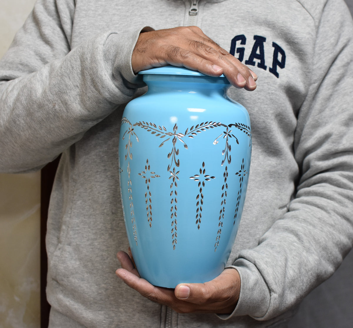 Blue Diamond/ Diamante Aluminium Cremation Urn- Hand Made