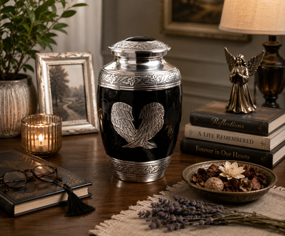 Angel Wings Black And Silver Cremation Urn