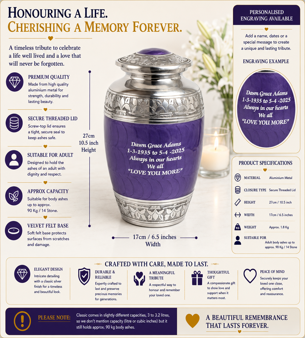 Classic Purple Aluminium Adult Cremation Urn