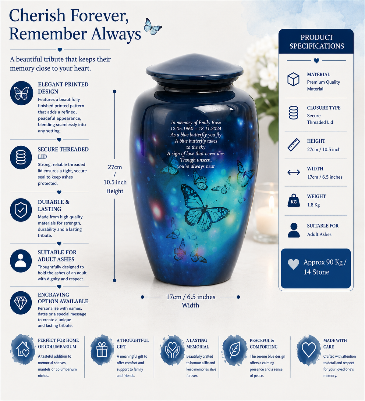 Blue Butterflies Design Adult Cremation Ashes Urn