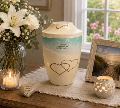 Hearts On Sand Design Iron Metal Cremation Urns With Free Ashes Bag