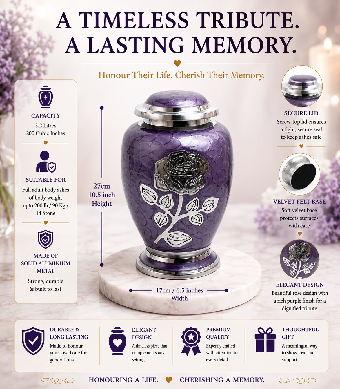 Purple Rose Flower Cremation Urn Dove Design