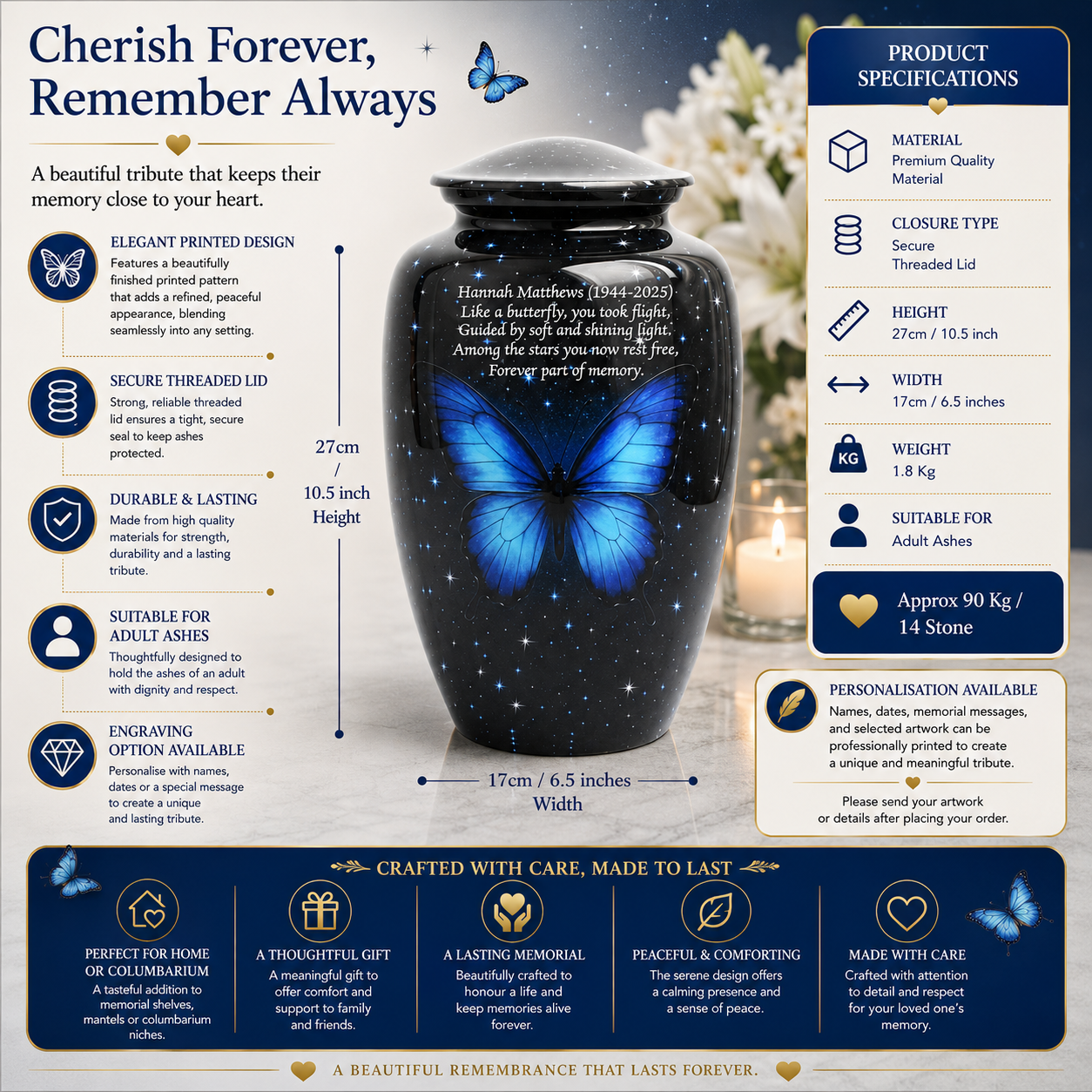 Blue Butterfly Galaxy Design Adult Cremation Ashes Urn