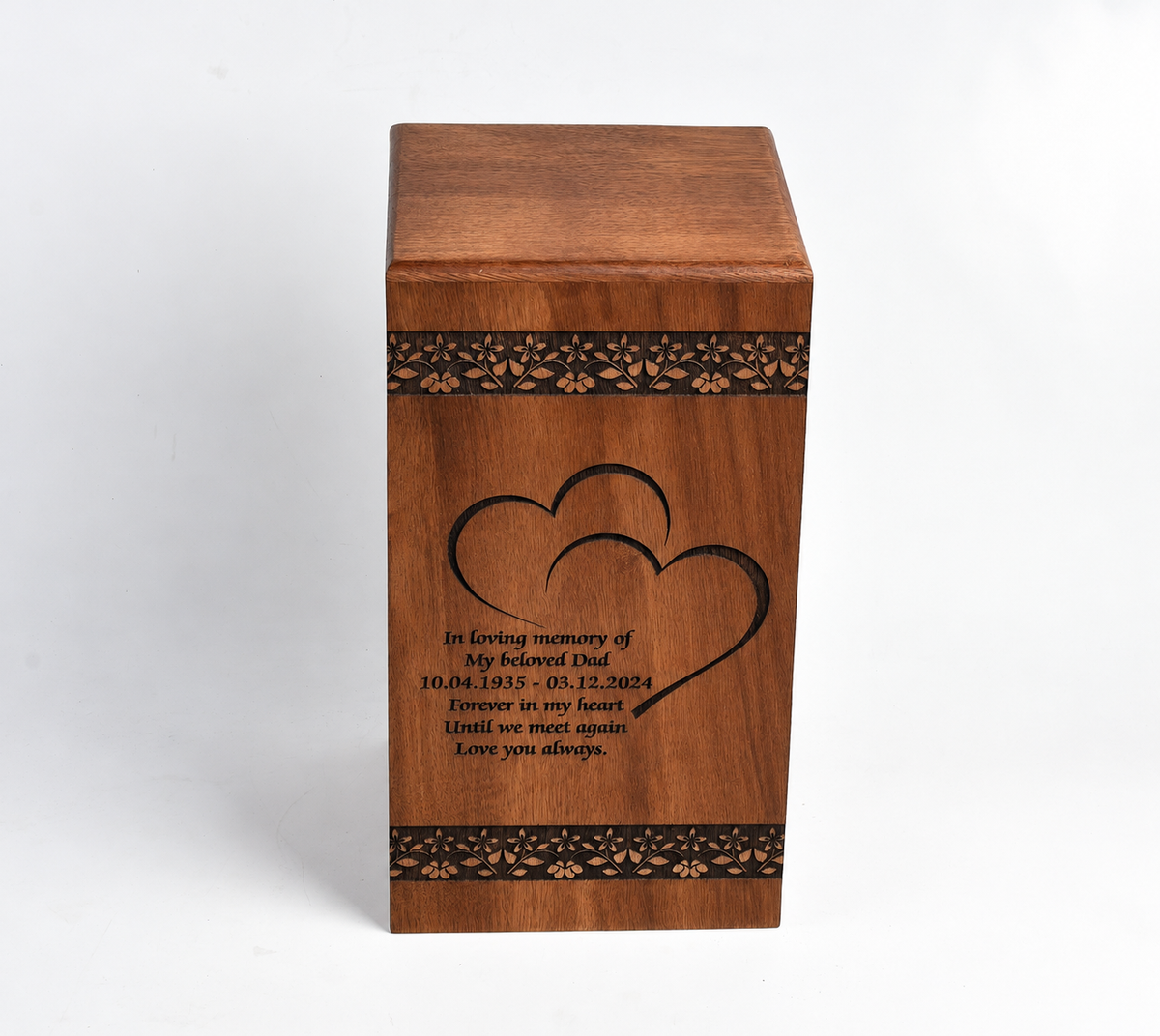 Wood Cremation Casket Urn – Double Heart & Floral Engraving
